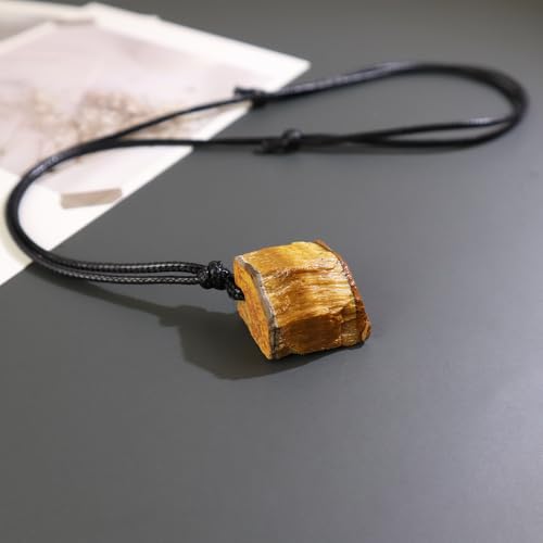 Natural Raw Crystal Necklace for Women Irregular Stone Necklaces Spiritual Gemstone Pendant with Adjustable Rope - color: A-Tiger's Eye