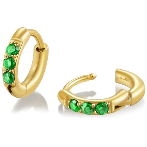 Hypoallergenic Unisex Surgical Steel Small Cubic Zirconia Huggie Hoop Earring, Color Gold - Silver - Rose Gold - Black - Rainbow, Size 6mm- 12mm Safe for Sensitive Ear - style: N03: 6MM - Gold - Green Cubic Zirconia