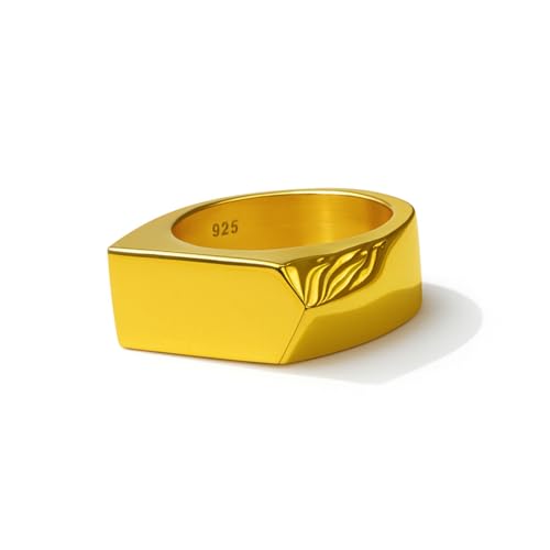 Gold Plated 925 Sterling Silver Signet Ring, Minimal Plain Square Band, Handmade Modern Unisex Pinky Ring for Men & Women, Boho Gift