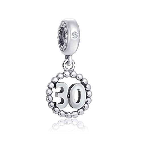 5,10,15,16,17,18,20,21,25,30,35,40,42,49,50,55,60,65,70 Number Charms for European Bracelet, 925 Sterling Silver Birthday Pendant Beads with CZ, Gifts for Mothers Day/Anniversary - color: Silver Color Number 30 Charm