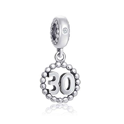 5,10,15,16,17,18,20,21,25,30,35,40,42,49,50,55,60,65,70 Number Charms for European Bracelet, 925 Sterling Silver Birthday Pendant Beads with CZ, Gifts for Mothers Day/Anniversary - color: Silver Color Number 30 Charm