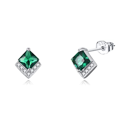 Birthstone Stud Earrings Sterling Silver Square Created Crystal Earrings Cubic Zirconia Hypoallergenic Piercing Jewelry Small Gifts for Women Mothers - color: May-Emerald