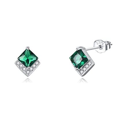 Birthstone Stud Earrings Sterling Silver Square Created Crystal Earrings Cubic Zirconia Hypoallergenic Piercing Jewelry Small Gifts for Women Mothers - color: May-Emerald