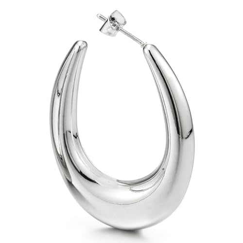 Women’s Stainless Steel Polished Teardrop Hoop Earrings Silver Tone Bold Oval Statement Style