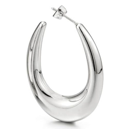Women’s Stainless Steel Polished Teardrop Hoop Earrings Silver Tone Bold Oval Statement Style