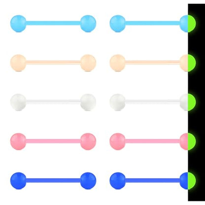 Zolure 10Pcs 14G Tongue Rings Acrylic Candy Color Tongue Piercing Jewelry Flexible Plastic Nipple Rings Tongue Barbells for Women 16mm - color: Glow in the dark 10pcs