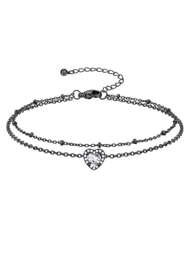 Richsteel Double Layer Heart/Butterfly Birthstone Anklet for Women | Non Tarnish Waterproof, Silver/Gold/Black Stainless Steel 8.5-10.5 Inch Adjustable Chain Anklets Summer Beach Foot Jewelry - color: Black Heart-04 Apr.(Diamond)
