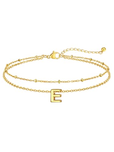 FaithHeart Initial Ankle Bracelets for Women, Waterproof 14k Gold Plated Initial Anklets Non Tarnish Stainless Steel Cute Layered Anklet Summer Beach Jewelry - color: Gold, size: Initial E