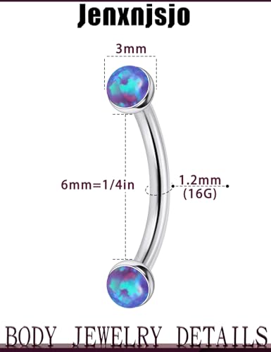 Jenxnjsjo F136 Titanium 16g 6/8/10mm Opal Eyebrow/Rook/Snug/Vertical-Labret/VCH/Snake-Eyes/Anti-Tragus/Christina/Daith/Belly-Button/Bridge/Hood/Surface Curved Barbell Piercing Jewelry for Women Men - color: Purple Opal, size: 6mm