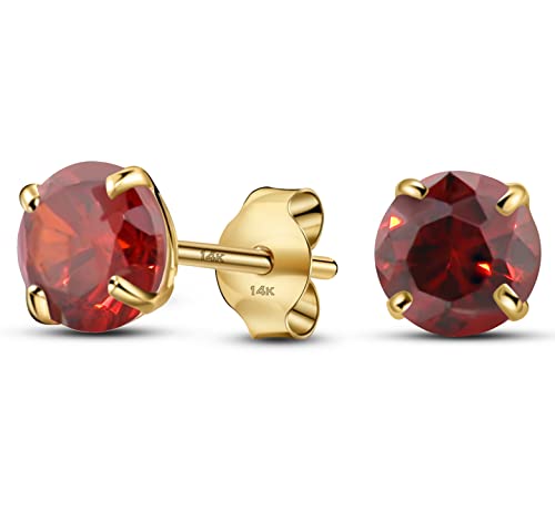 Solid 14K Yellow Gold Round Solitaire Simulated-Birthstone Minimalist Stud Earring - color: 01-January, size: 6mm