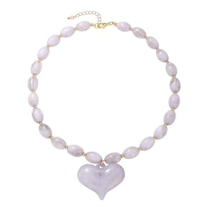 Chunky Beaded Necklaces for Women Trendy Colorful Acrylic Bead Statement Necklace Puffy Heart Pendent Necklaces for Women Boho Fashion Jewelry - color: E-light grey