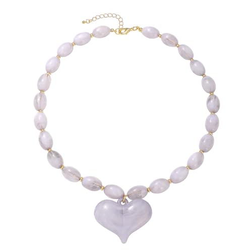 Chunky Beaded Necklaces for Women Trendy Colorful Acrylic Bead Statement Necklace Puffy Heart Pendent Necklaces for Women Boho Fashion Jewelry - color: E-light grey