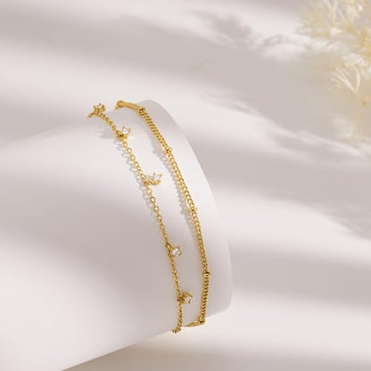 Gold/Sterling Silver Anklet Bracelets for Women Waterproof, Non Tarnish 925 Sterling Sliver Plated Heart Evileye Butterfly Charm, Dainty Summer Beach Anklets for Women, Beach Vacation Bikini Outfits for Her Mom - style: CZ-Gold
