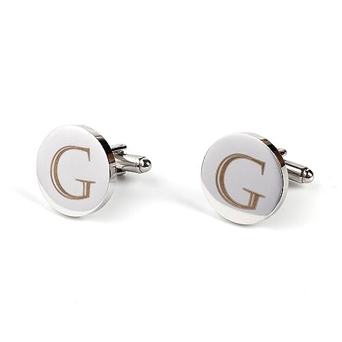 Mens Initial Silver Cufflinks A-Z Alphabet Letter Steel Cuff Links with Engraved Walnut Wood Box Groom Groomsman Wedding Set… - style: G