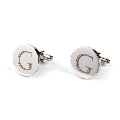 Mens Initial Silver Cufflinks A-Z Alphabet Letter Steel Cuff Links with Engraved Walnut Wood Box Groom Groomsman Wedding Set… - style: G
