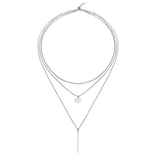 Necklace for Women with Circle and Bar Pendants Layered Jewelry Versatile Design - color: silvery