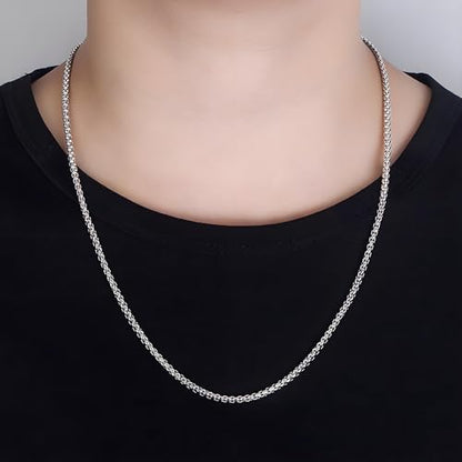 Solid 925 Sterling Silver 3mm Round Box Chain Necklace | Italian Style Box Cable Chain with Lobster Clasp, 16" to 30" Length for Men & Women - size: 28"