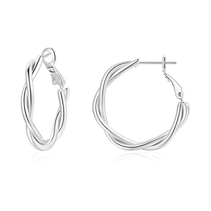 Hoop Earrings for Women, 14K Gold Sterling Silver Chunky Twisted Hoops Earring Hypoallergenic Ear Jewelry - color: Silver-28mm