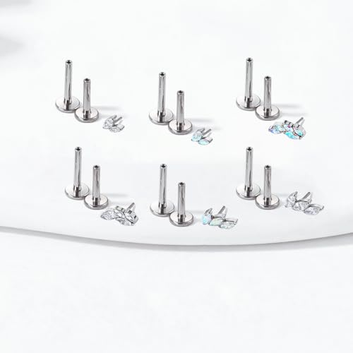 G23 Titanium Flat Back Earrings Studs 16g F136 Implant Grade Titanium Labrets Press Fit Threadless Push In Dainty Cartilage Helix Conch Lobe Lip Tragus Piercing Jewelry - style: 1pcs 5eye Clear
