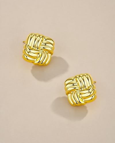 SNGIA 18K Gold Plated Chunky Statement Stud Earrings for Women by SNGIA, Geometric Square Triangle Irregular Knot Dome Earrings, Ribbed Ribbon Textured Gold Silver Fashion Jewelry Gift - style: 18K Gold Plated, Square