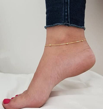 NONAMOIS Ankle Bracelets for Women Dainty 18K Gold Plated Anklet Waterproof Round Beaded Paperclip Herringbone Pearl Chain Anklets Waterproof Beach Foot Jewelry - color: Beaded-GD