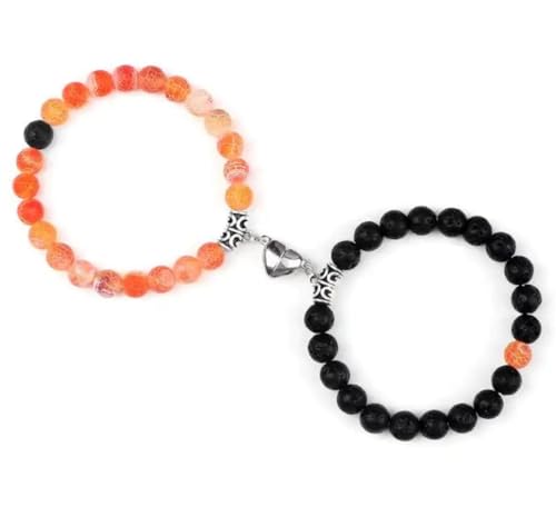 Set Of 2 Couples Bracelet Magnetic Healing Natural Bead Stone Stretch Bracelet Unisex Anniversary, Friendship, Valentine, Christmas Gift - color: Lava+Orange Weathered, style: Without Giftbox