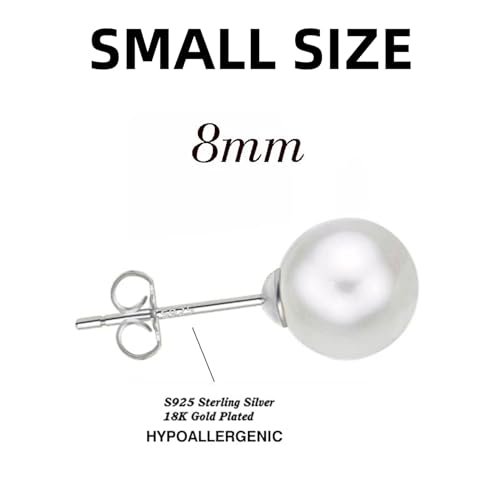 18K Gold Plated 925 Sterling Silver Shell Pearl Stud Earrings,Hypoallergenic to Sensitive Ears - style: D_L - 8mm - Silver