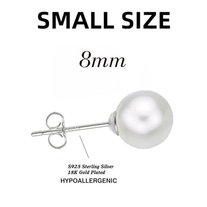 18K Gold Plated 925 Sterling Silver Shell Pearl Stud Earrings,Hypoallergenic to Sensitive Ears - style: D_L - 8mm - Silver