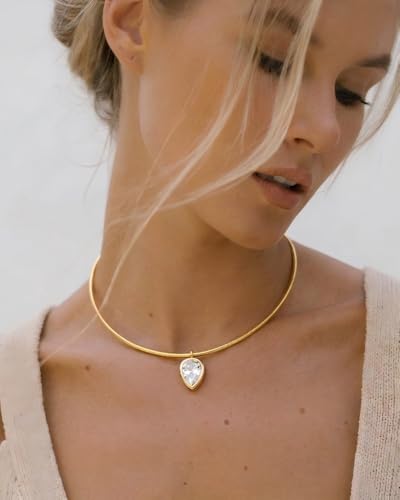 Gold CZ Choker Necklace Trendy Statement | Gold choker necklace, CZ pendant, Adjustable chain, Dainty statement, Summer gift, Gift for women, Lightweight - style: 23381