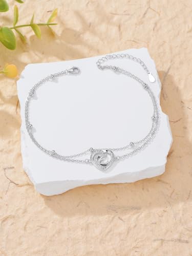 Dorunmo Initial Anklet 925 Sterling Silver Letter A-Z Layered Heart Anklet Beach Jewelry Birthday Gifts for Women - color: E
