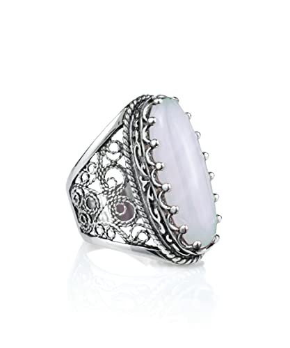Filigranist 925 Sterling Silver Handcrafted Filigree Art Women Oval Boho Statement Ring with Gemstones, Gift Boxed - color: Mother of Pearl, size: 10.5