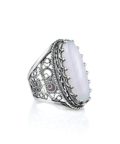 Filigranist 925 Sterling Silver Handcrafted Filigree Art Women Oval Boho Statement Ring with Gemstones, Gift Boxed - color: Mother of Pearl, size: 10.5