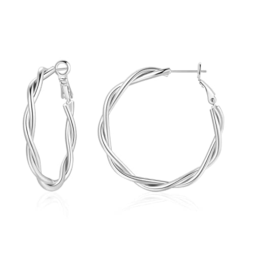 Hoop Earrings for Women, 14K Gold Sterling Silver Chunky Twisted Hoops Earring Hypoallergenic Ear Jewelry - color: Silver-38mm