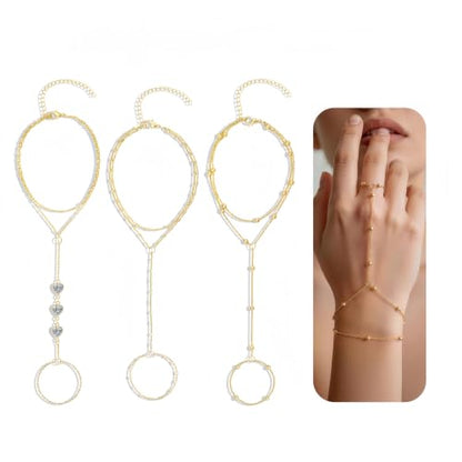 3PCS Set of Stacked Ring Bracelets Accessories for Women | 14K Gold-Plated Dainty Hand Chain Bracelets Stack Summer Jewelry for Women Trendy Ring Bracelet - color: Gold-A