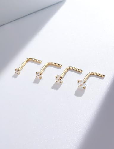 18G 20G 14K Gold Filled Nose Rings Studs Piercing Jewelry For Women Men 316L Surgical Steel Round Square Cubic Zirconia Nose Rings Studs Nostrial Piercing Jewelry CZ 1.5mm 2mm 2.5mm 3mm - color: 14K Gold Plated, size: 20 Gauge-L Shaped-Round CZ