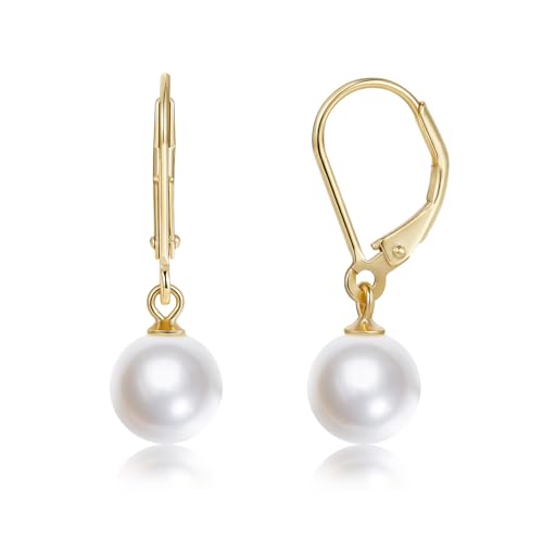 Mameloly Pearl Earrings for Women Leverback Dangle Trendy Simulated Pearl Drop Earrings 14K Gold Plated Sterling Silver 925 Cute Jewery for Women - color: 14K Gold Plated