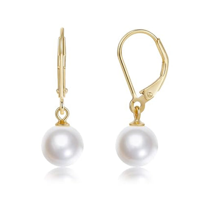 Mameloly Pearl Earrings for Women Leverback Dangle Trendy Simulated Pearl Drop Earrings 14K Gold Plated Sterling Silver 925 Cute Jewery for Women - color: 14K Gold Plated