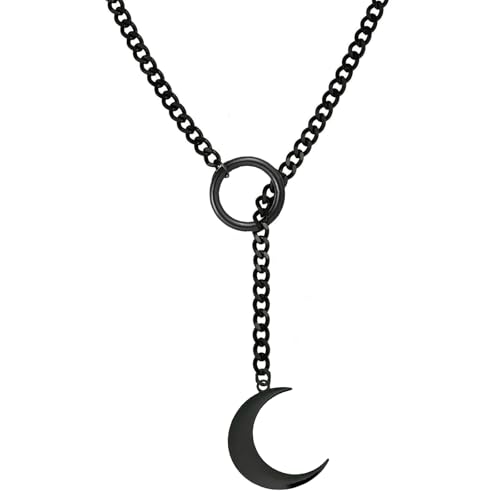Choker Necklace for Women Gothic Goth Stainless Steel Slip Chain Chunky Long Drop Mens Punk Necklace Jewelry Gift - style: Black Moon