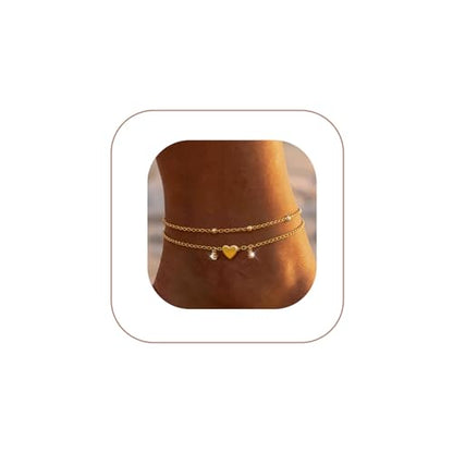 Gold/Silver Anklets for Women，Dainty 14K Gold Plated Waterproof Beaded Ankle Bracelet Non Tarnish Stackable Beach Jewelry Gift - style: 2pc-gold