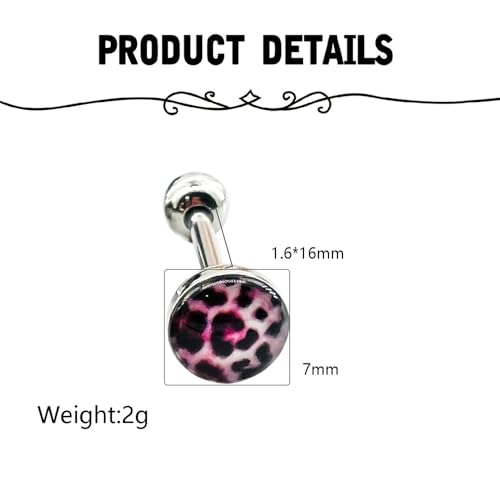 Leopard Print Tongue Ring for Women 14G Stainless Steel Circle Straight Barbell Tongue Rings Internally Threaded 5/7 Inches Piercing Jewelry - color: Pink