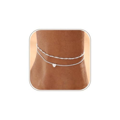 Ankle Bracelets for Women,Dainty 14k Gold/Silver Plated Anklets for Women Waterproof Cuban Link Heart Beads Layered Ankle Bracelet Set Summer Beach Jewelry for Women Gold Jewelry Non Tarnish Gifts - color: Silver-1