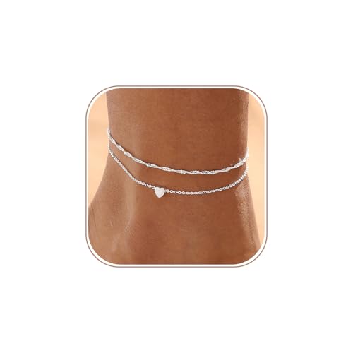 Ankle Bracelets for Women,Dainty 14k Gold/Silver Plated Anklets for Women Waterproof Cuban Link Heart Beads Layered Ankle Bracelet Set Summer Beach Jewelry for Women Gold Jewelry Non Tarnish Gifts - color: Silver-1