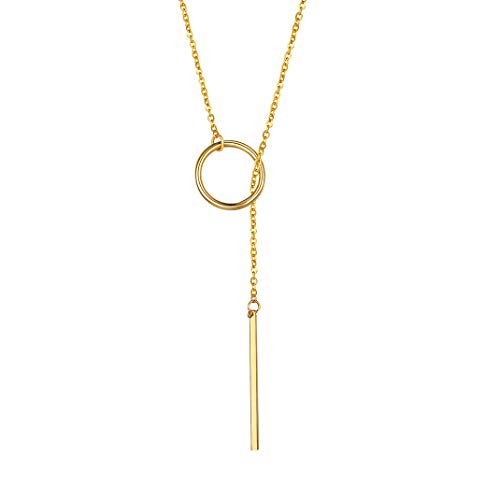 GOLDCHIC JEWELRY Dainty Y Necklace For Women, Gold Layered Choker Lariat Necklaces, Looped Long Lariat Y Bar/Lock/Peal/Star/Rose Chain Personalized Minimalist Gifts for Women - color: Gold -Bar, style: Y Necklace - No Engraving