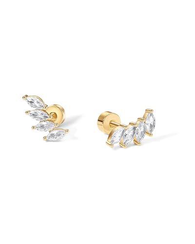 PAVOI 14K Gold Plated Navette CZ Crawler Stud Flat Back Earrings for Women | Hypoallergenic Earrings with 925 Sterling Silver Posts, Small Cartilage Cubic Zirconia Stud Earring, Helix Piercing Jewelry - color: Yellow Gold
