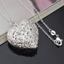 Silver Heart-shaped Pendant Necklace with Hollowed Out Flower Pattern Pendant Women's Wedding Party Jewelry Gift