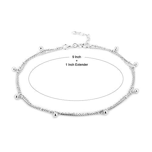 Vanbelle Sterling Silver Jewelry - Rhodium Plated 925 Stamp - Double Layered & Hanging Beaded Chain Anklet - Stylish Beautifully Designed for Women - 9" Long + 1" Extender