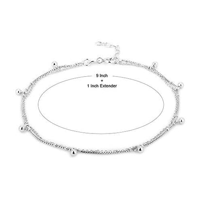 Vanbelle Sterling Silver Jewelry - Rhodium Plated 925 Stamp - Double Layered & Hanging Beaded Chain Anklet - Stylish Beautifully Designed for Women - 9" Long + 1" Extender