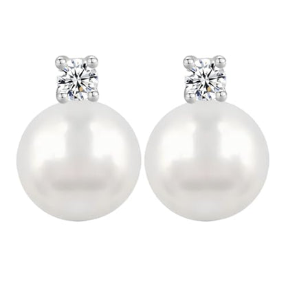 10mm White Faux Pearl Stud Earrings with 3mm Cubic Zirconia Inlay, Hypoallergenic Lightweight S925 Silver Post Earrings for Women