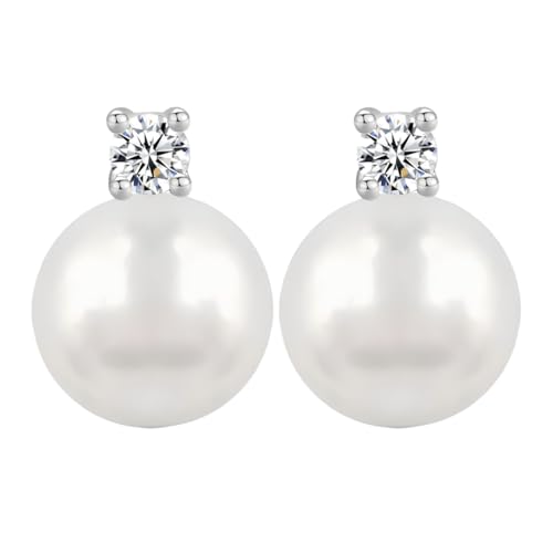 10mm White Faux Pearl Stud Earrings with 3mm Cubic Zirconia Inlay, Hypoallergenic Lightweight S925 Silver Post Earrings for Women