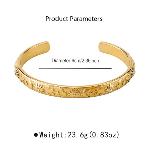 Embossed Moon Star Sun Bangle Cuff Bracelet for Women Fashion CZ Insected Celestial Open Adjustable Statement Bracelets Lightweight Boho Wrist Wrap Dress Accessories Jewelry Gift - color: Gold-Tone